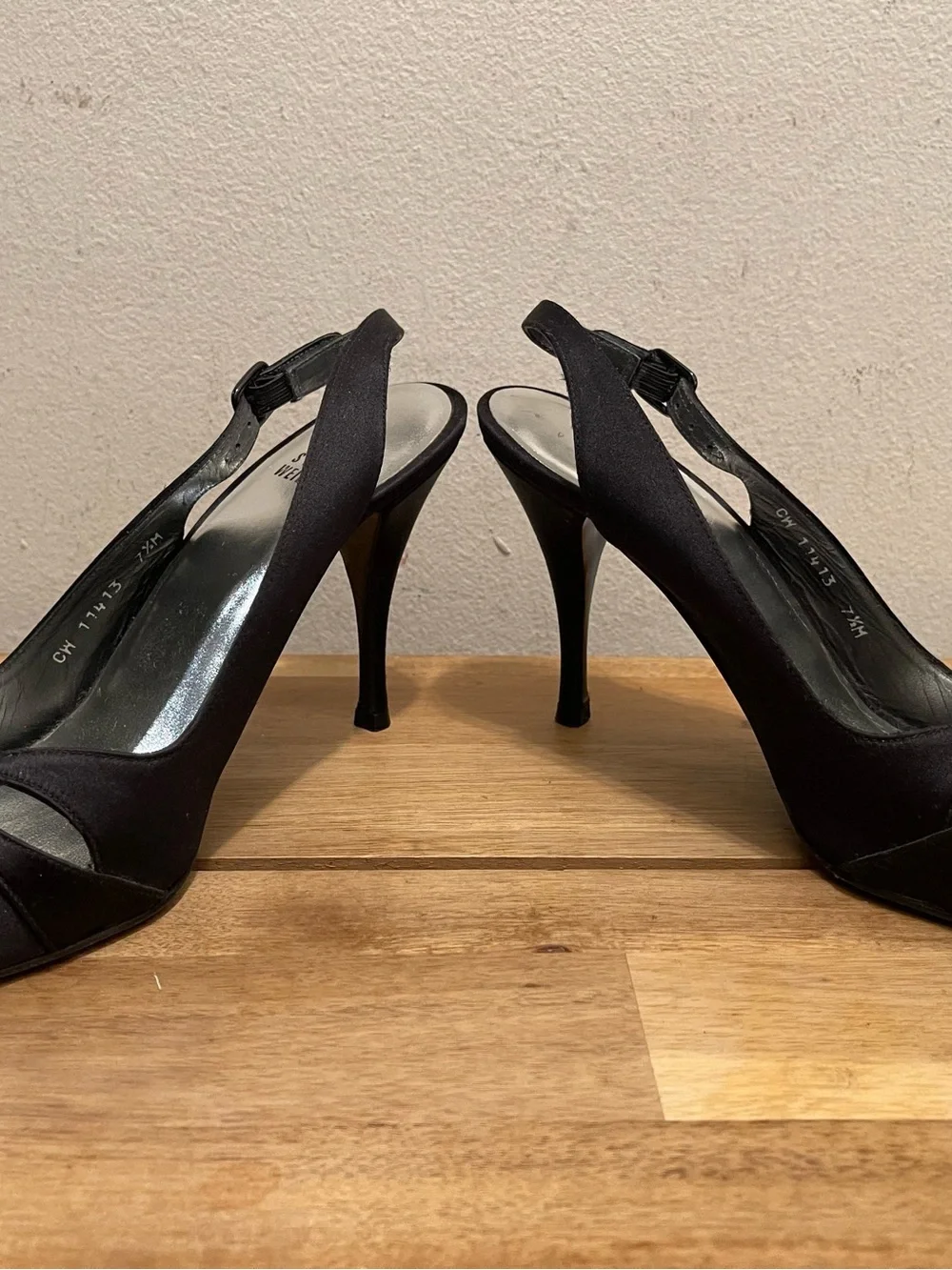 Stuart Weitzman Black Satin Peep Toe Slingback Heels - Size 7.5 M